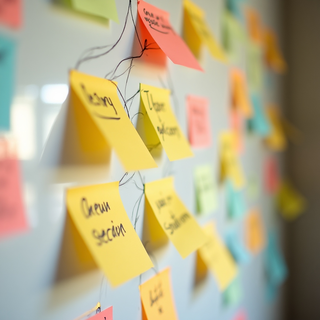 A close up of sticky notes arranged in a hub and spoke pattern representing a content cluster topic map