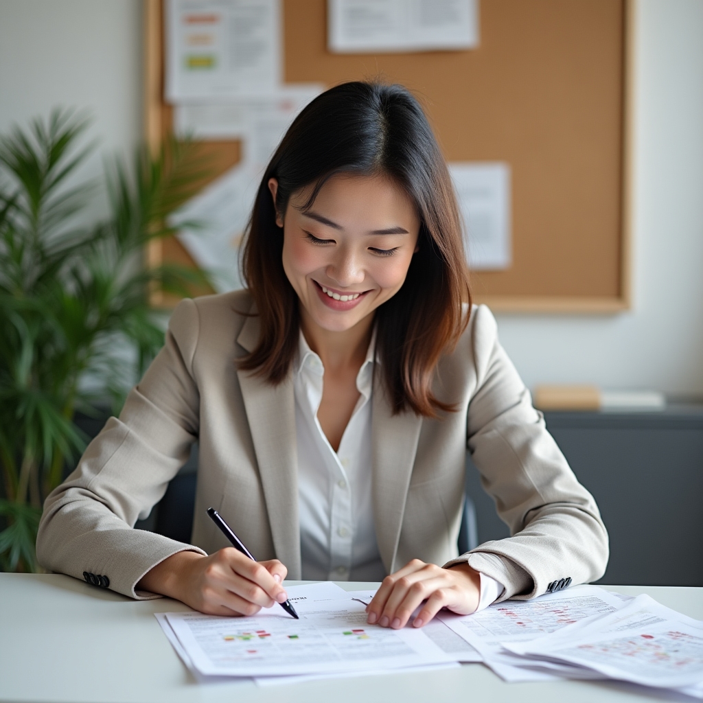A person reviewing printed article drafts spread on a table, checking off completed subtopics against a topic map
