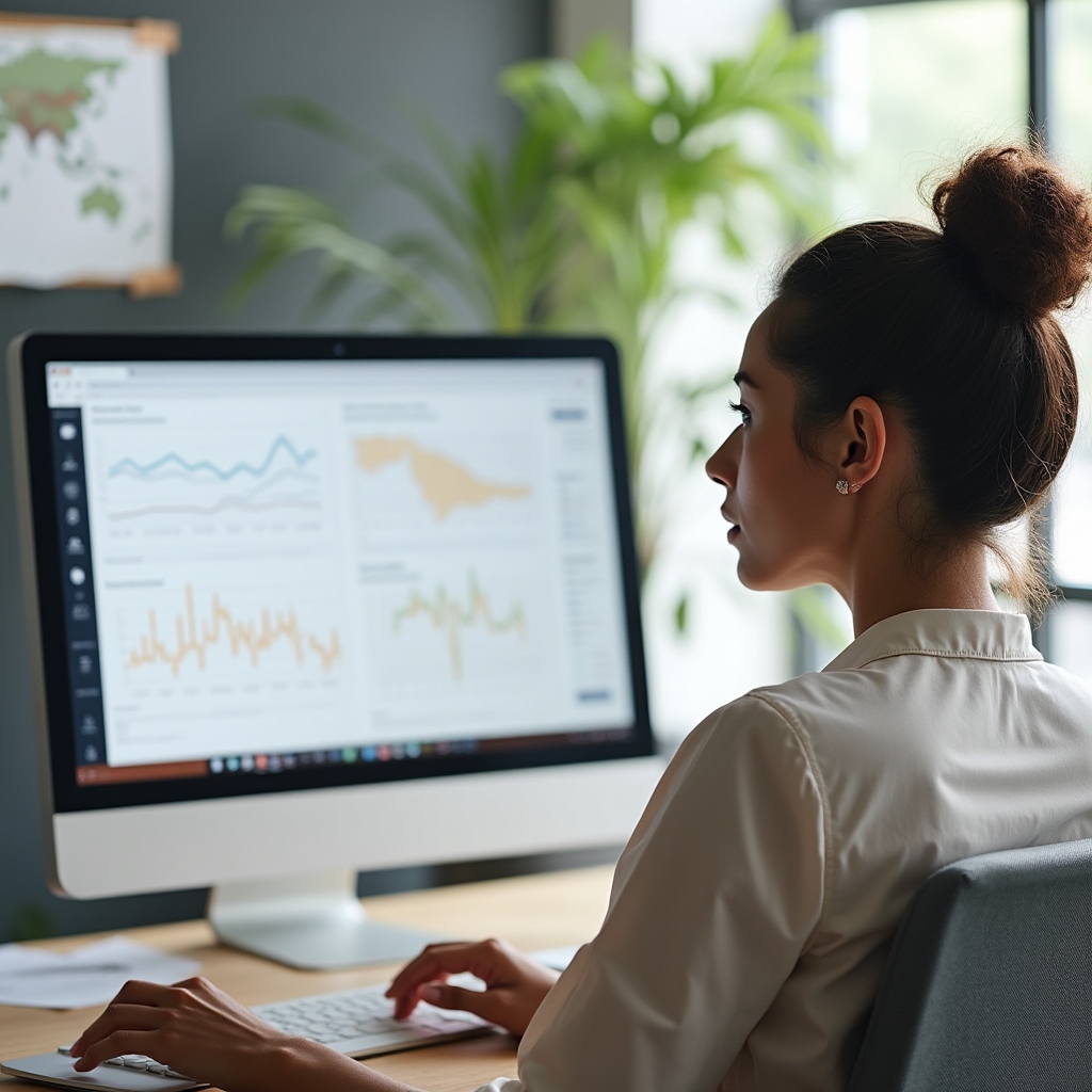 An analyst reviewing search performance charts on a laptop screen at a desk, with printed cluster maps nearby for cross reference