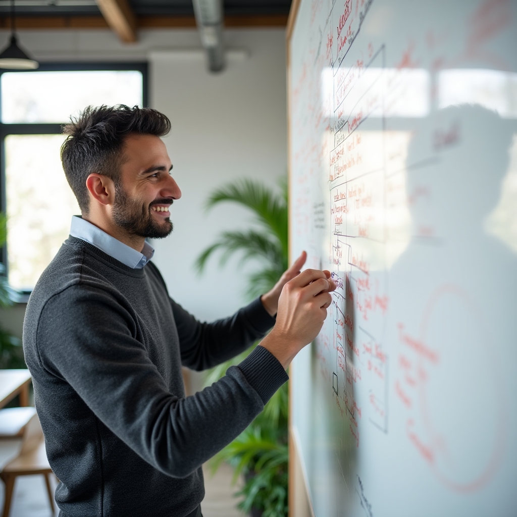 A person standing at a whiteboard grouping topic ideas into clusters using colored markers during an editorial planning session
