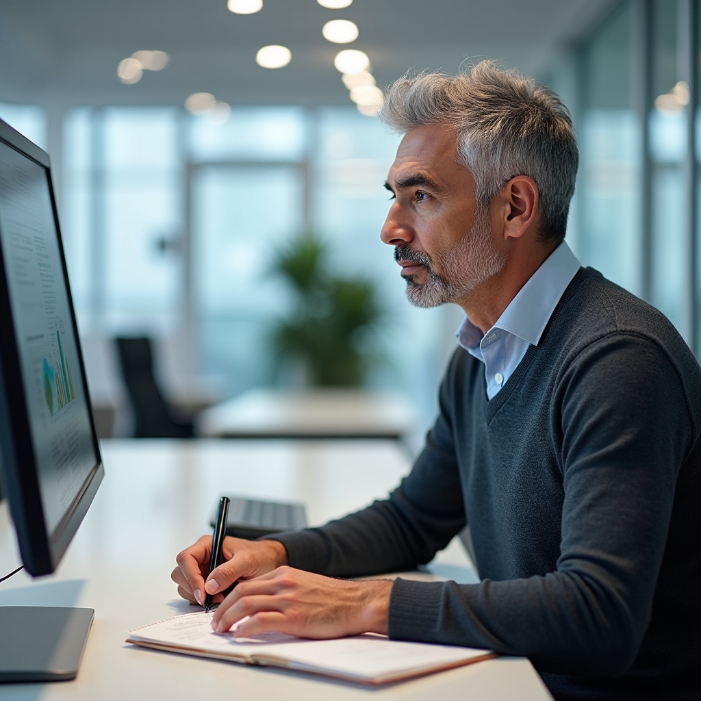 A person reviewing official search documentation on a desktop monitor while taking notes in a notebook beside the keyboard