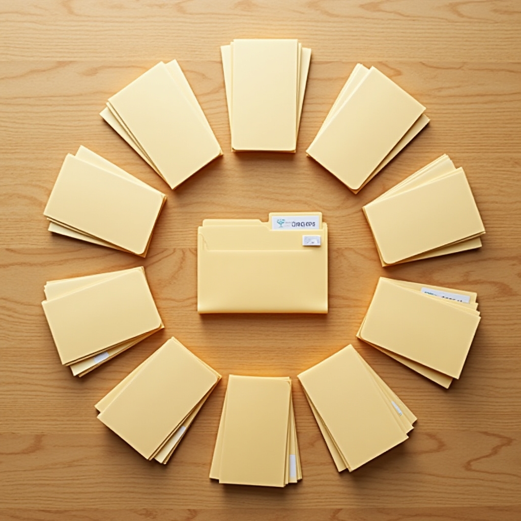 Ten organized article folders arranged neatly around a central pillar folder, each labeled with a distinct subtopic