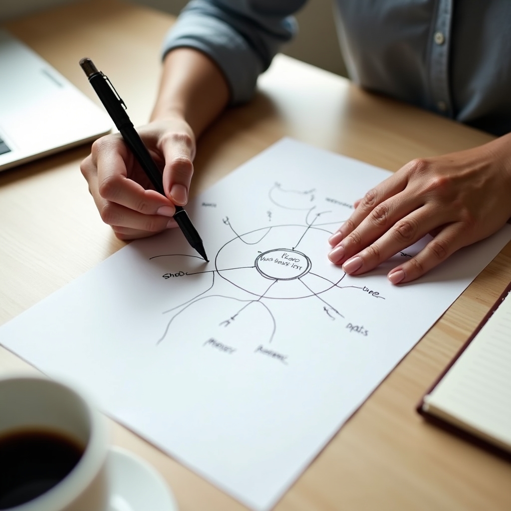 A hand sketching a hub and spoke diagram on paper showing a central pillar page connected to several supporting articles